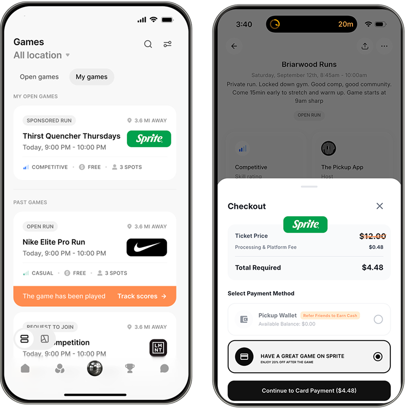 Pickup app screens showing a Sprite-sponsored run and a discounted checkout
