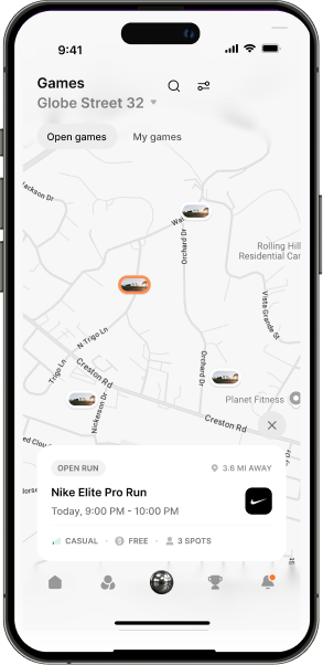 Pickup app map with an open run card for Nike Elite Pro Run at 9:00 PM, marked casual, free and 3 spots