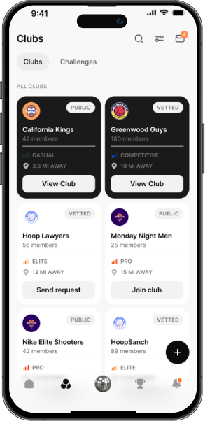 Pickup app Clubs screen listing clubs with member counts and join buttons