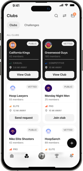 Pickup app Clubs screen listing clubs like California Kings and Greenwood Guys with member counts, levels and join buttons