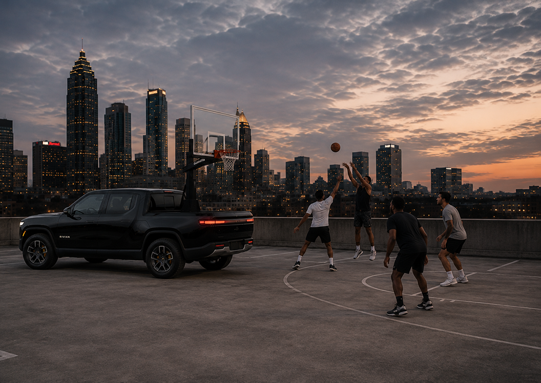Hoopers playing a rooftop run at dusk beside a black pickup truck with a hoop, Atlanta skyline behind