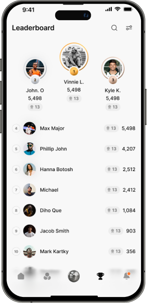 Pickup app leaderboard ranking hoopers by points