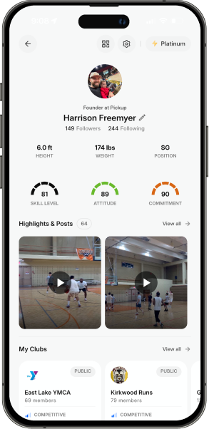 Pickup app profile for Harrison Freemyer with height, weight and position, skill gauges, 64 highlights and posts, and his clubs