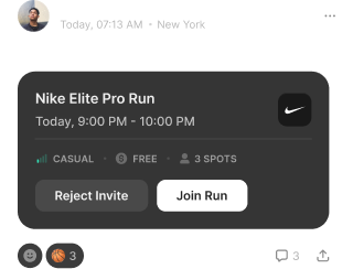 Pickup app run invite card with casual level, free entry, and three spots left